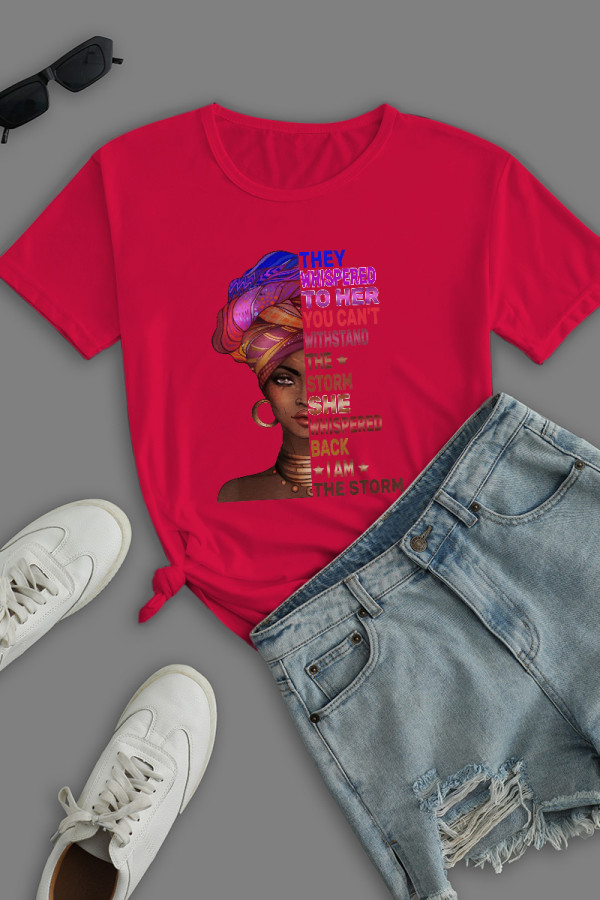 Red Casual Street Print Patchwork O Neck T-Shirts