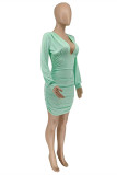 Mint green Fashion Sexy Solid Fold V Neck Long Sleeve Dresses