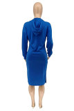 Blue Fashion Casual Solid Slit Hooded Collar Long Sleeve Dresses