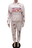 Light Pink Casual Print Patchwork Hooded Collar Long Sleeve Two Pieces