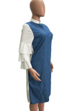 Blue Casual Print Patchwork Buckle O Neck Straight Dresses