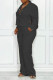 Black Casual Solid Patchwork Buckle Asymmetrical Turndown Collar Long Sleeve Two Pieces