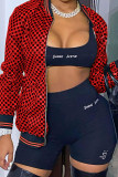 Red Street Plaid Print Patchwork Zipper Outerwear