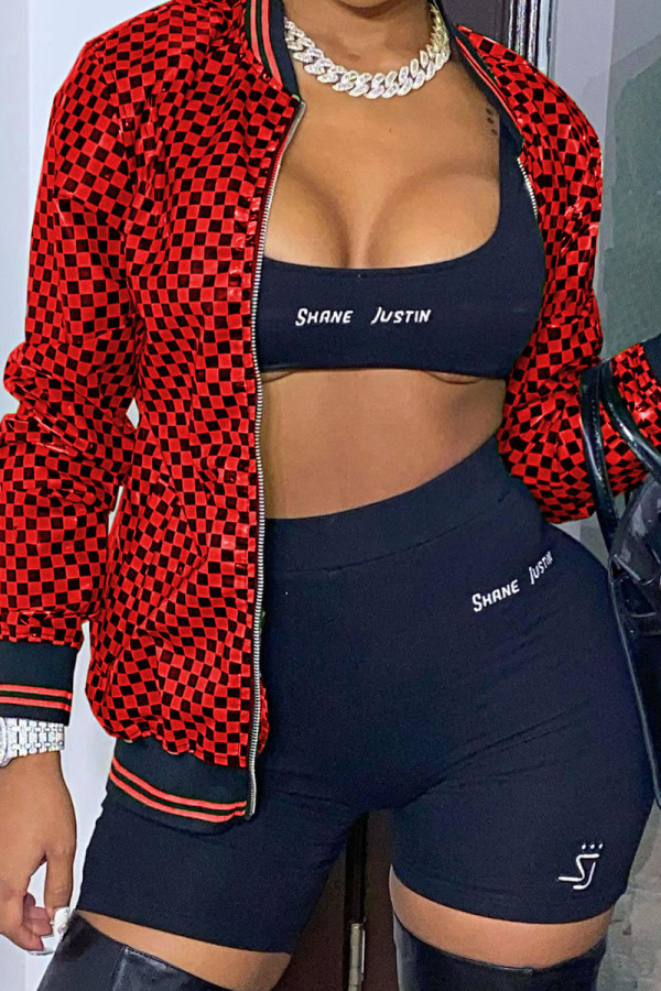 Red Street Plaid Print Patchwork Zipper Outerwear