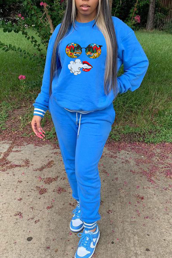 Blue Casual Sportswear Print Patchwork O Neck Long Sleeve Two Pieces