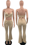 Champagne Sexy Solid Patchwork Spaghetti Strap Long Sleeve Three Pieces