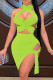 Fluorescent Green Fashion Sexy Solid Hollowed Out Backless Halter Sleeveless Two Pieces