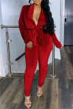 Red Fashion Casual Solid Patchwork V Neck Long Sleeve Two Pieces