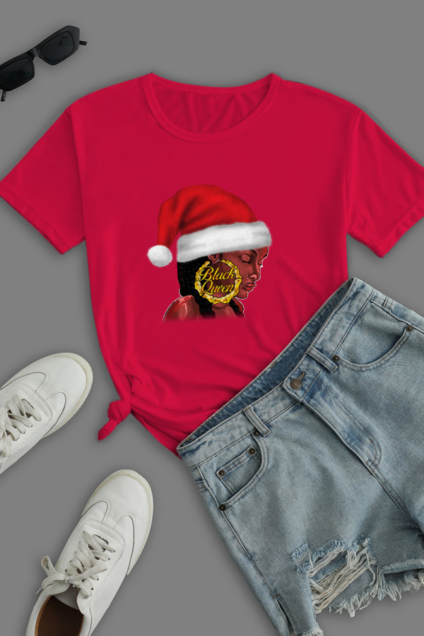 Red Daily Party Print Patchwork O Neck T-Shirts