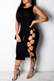 Black Fashion Sexy Solid Hollowed Out O Neck Vest Dress