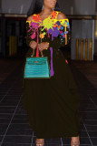 Black Elegant Print Hollowed Out Patchwork Asymmetrical Zipper V Neck Lantern Skirt Dresses