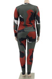 Blue Casual Camouflage Print Patchwork O Neck Plus Size Two Pieces
