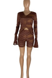 Coffee Casual Striped Print Patchwork Asymmetrical Long Sleeve Two Pieces