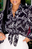 Black Fashion Casual Print Basic Turndown Collar Tops