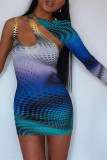 Colour Sexy Print Patchwork Asymmetrical Collar Pencil Skirt Dresses