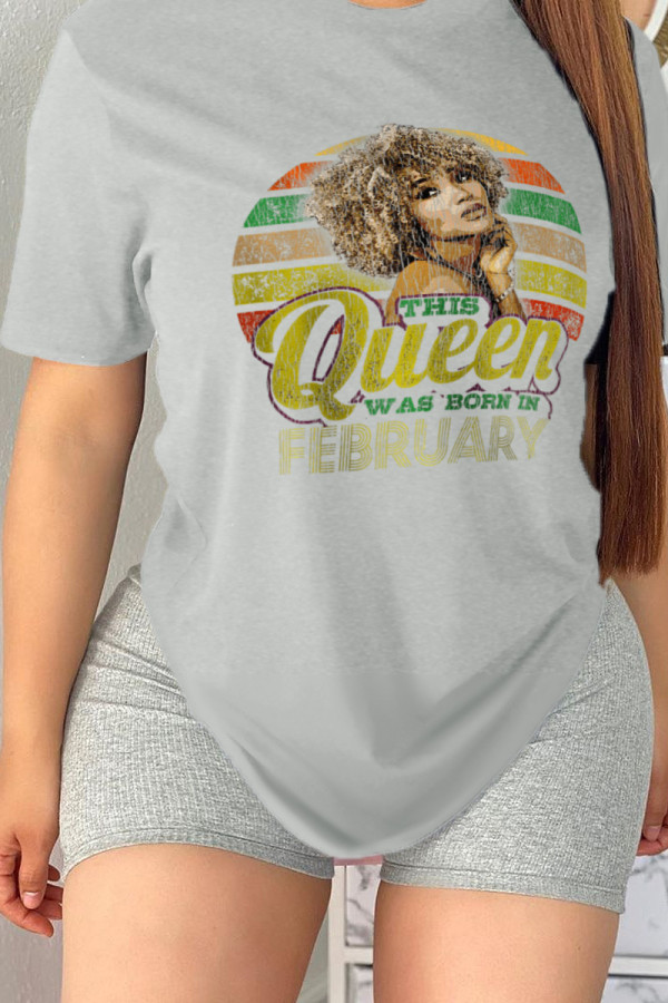 Grey Casual Daily Character Print Patchwork Letter O Neck T-Shirts