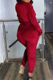 Red Fashion Casual Solid Patchwork V Neck Long Sleeve Two Pieces