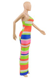 Multicolor Fashion Sexy Striped Print Slit Spaghetti Strap Long Dress