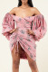 Pink Sexy Print Split Joint Draw String Fold Asymmetrical V Neck Printed Dress Dresses
