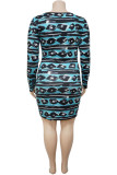 Cyan Sexy Print Hollowed Out Patchwork O Neck Pencil Skirt Plus Size Dresses