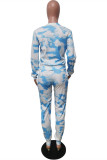 Baby Blue Fashion Casual Print Basic O Neck Long Sleeve Two Pieces