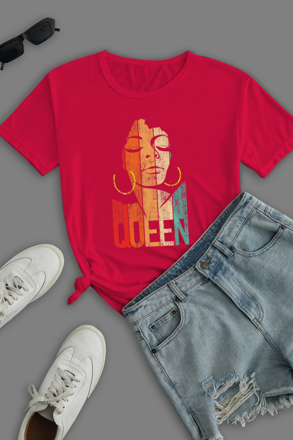 Red Street Print Patchwork O Neck T-Shirts