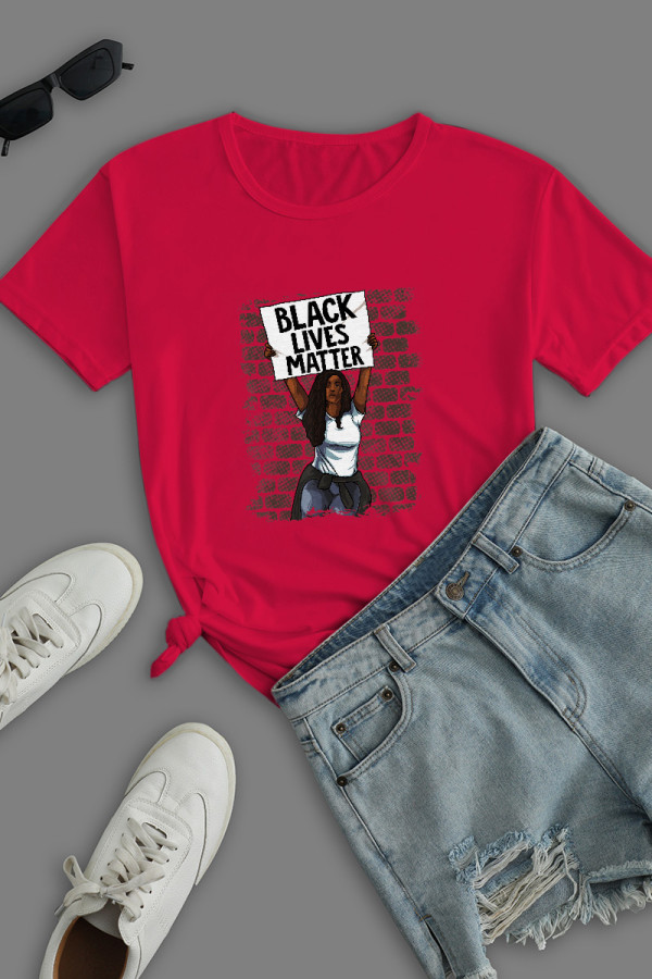 Red Street Print Patchwork Letter O Neck T-Shirts