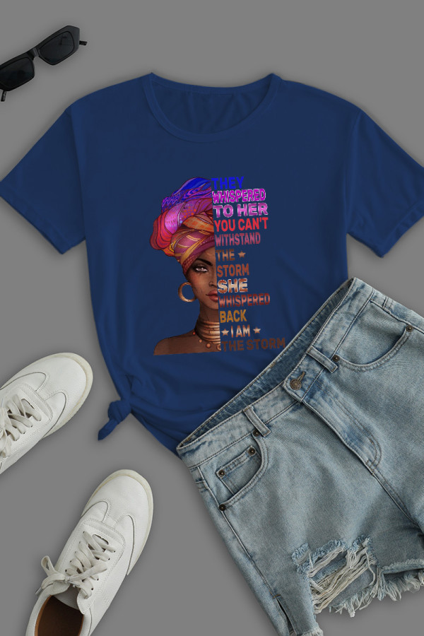 Navy Blue Casual Street Print Patchwork O Neck T-Shirts