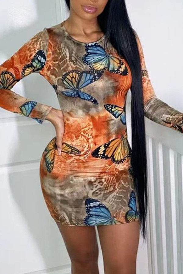 Multicolor Fashion Sexy Butterfly Print Basic O Neck Long Sleeve Dresses