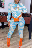 Baby Blue Fashion Casual Print Basic O Neck Long Sleeve Two Pieces