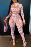 Pink Fashion Sexy Print Hollowed Out Turtleneck Long Sleeve Two Pieces