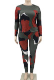 Red Casual Camouflage Print Patchwork O Neck Plus Size Two Pieces