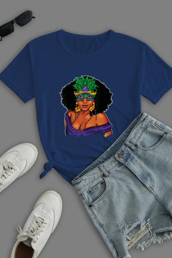 Navy Blue Fashion Casual Print Patchwork O Neck T-Shirts
