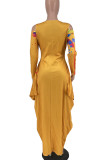 Black Elegant Print Hollowed Out Patchwork Asymmetrical Zipper V Neck Lantern Skirt Dresses