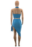 Lake Blue Fashion Sexy Solid Hollowed Out Backless Halter Sleeveless Two Pieces