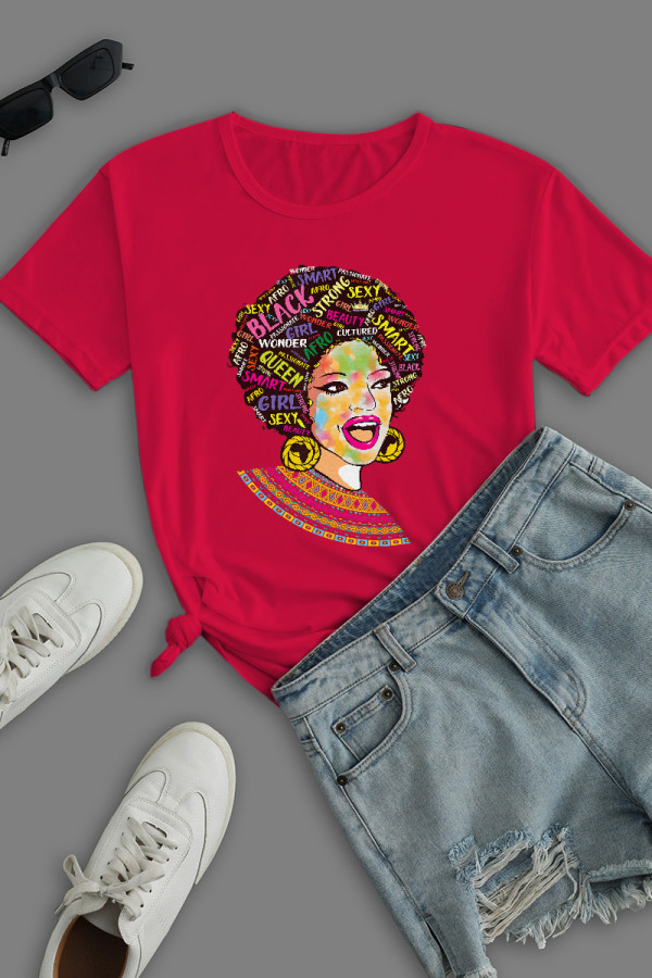Red Casual Daily Print Patchwork O Neck T-Shirts