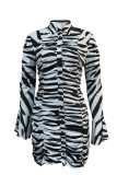 Zebra Fashion Sexy Animal Print Patchwork Turndown Collar One Step Skirt Dresses