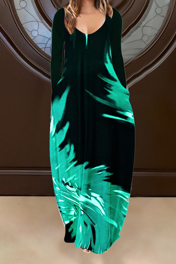 Green Casual Print Patchwork V Neck Long Sleeve Dresses
