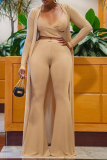 Champagne Sexy Solid Patchwork Spaghetti Strap Long Sleeve Three Pieces