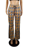 Khaki Casual Plaid Print Patchwork Straight High Waist Straight Full Print Bottoms