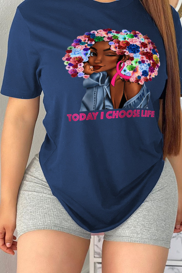 Navy Blue Fashion Street Character Patchwork O Neck T-Shirts