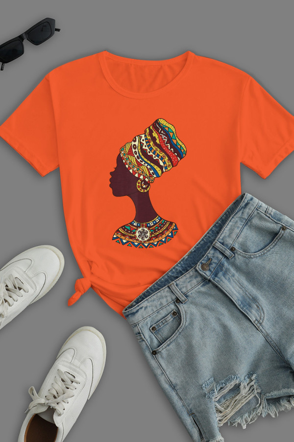 Orange Street Daily Print Patchwork O Neck T-Shirts