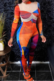 Colour Sexy Print Patchwork See-through Mesh Half A Turtleneck Regular Jumpsuits