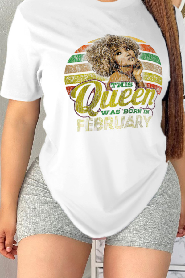 White Casual Daily Character Print Patchwork Letter O Neck T-Shirts