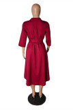 Burgundy Fashion Casual Solid Asymmetrical Turndown Collar Shirt Dress Dresses