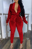 Red Fashion Casual Solid Patchwork V Neck Long Sleeve Two Pieces