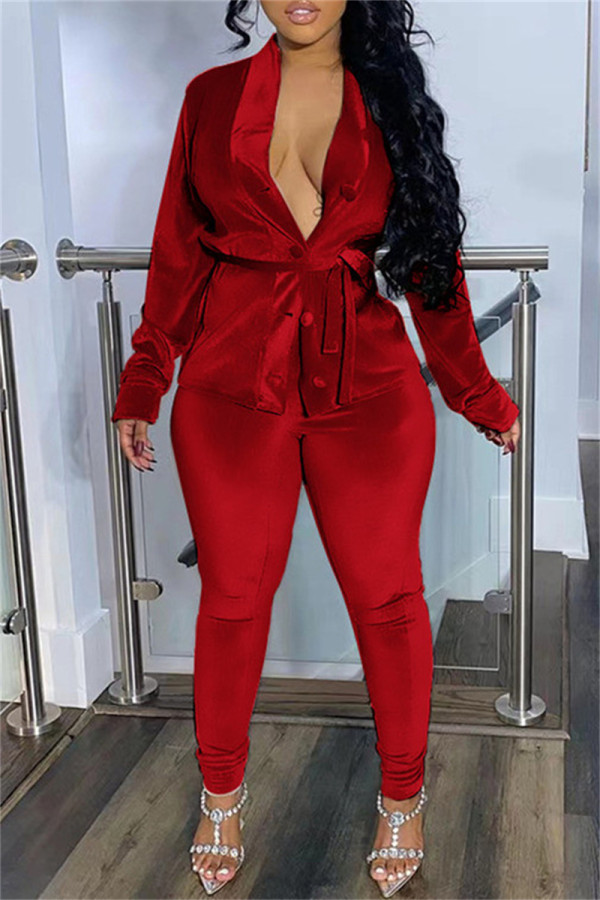Red Fashion Casual Solid Patchwork V Neck Long Sleeve Two Pieces