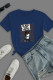 Navy Blue Street Print Patchwork Letter O Neck T-Shirts