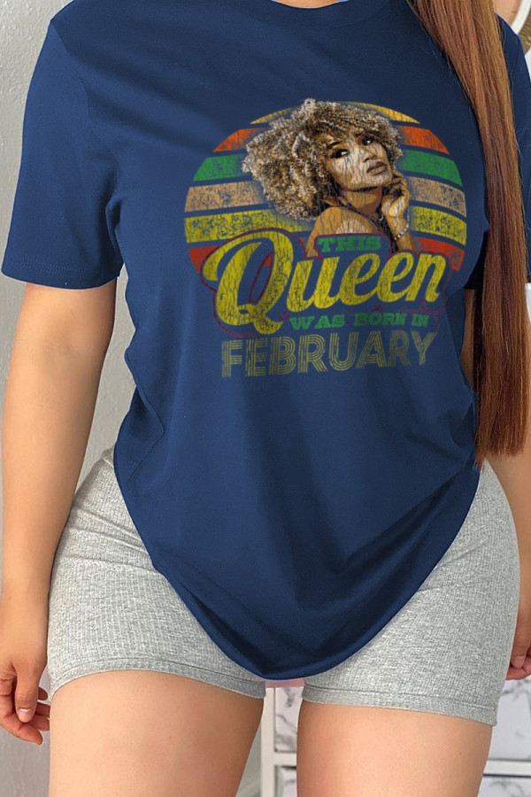 Navy Blue Casual Daily Character Print Patchwork Letter O Neck T-Shirts
