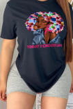 Red Fashion Street Character Patchwork O Neck T-Shirts